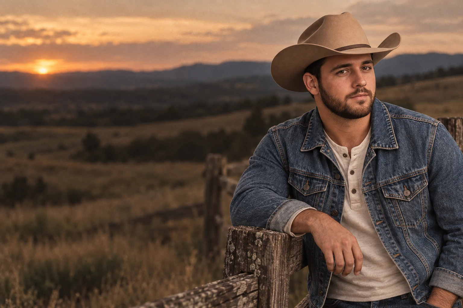 Luke Mason at a country fence at sunset