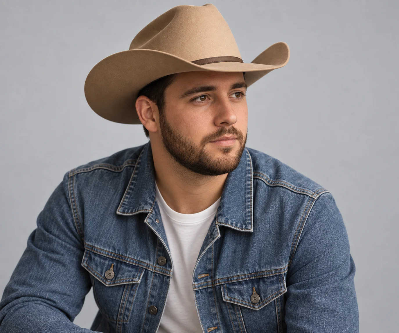 Luke Mason wearing a denim jacket and cowboy hat